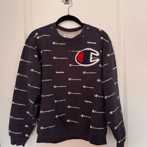 Supreme x Champion Navy Crewneck Sweater with Logo Print